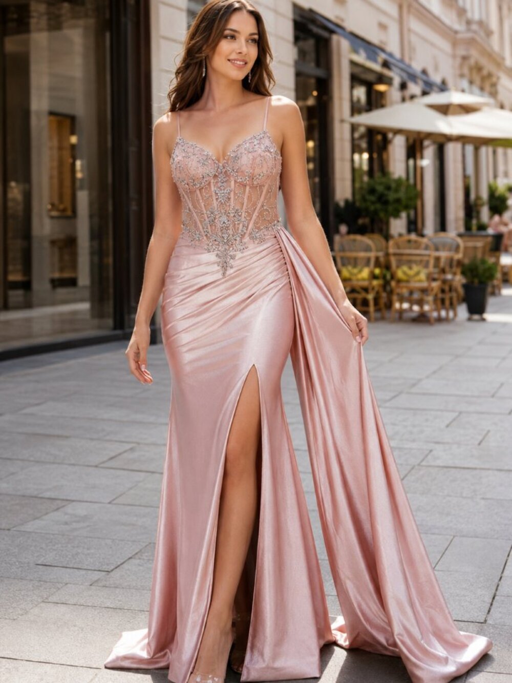 NEW BLUSH Satin & Lace Evening Gown Floor Length With Slit 8483J